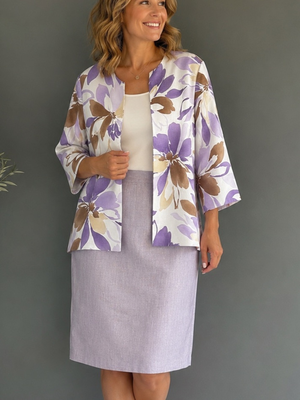 Alfred Dunner 2-Piece Floral Jacket & Skirt Suit Set Lavender White Size 14